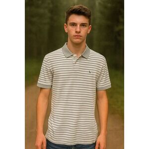 ABERCROMBIE & FITCH Mens Polo Shirt Medium Gray‎ White Striped Muscle Fit Casual